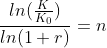 \frac{ln(\frac{K}{K_0})}{ln(1+r)}=n
