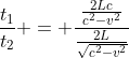 frac{t_1}{t_2} = frac{frac{2Lc}{c^2-v^2}}{frac{2L}{sqrt{c^2-v^2}}}