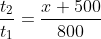 frac{t_2}{t_1}=frac{x+500}{800}