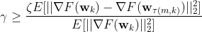 \gamma \geq \frac{\zeta E[||\nabla F(\mathbf{w}_{k})-\nabla F(\mathbf{w}_{\tau(m, k)})||_2^{2}]}{E[||\nabla F(\mathbf{w}_{k})||_2^{2}]}