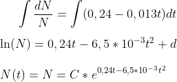 \int \frac{dN}{N}= \int (0,24 -0,013t) dt\\ \\ \ln(N)=0,24t-6,5*10^{-3}t^2+d\\ \\N(t)=N=C*e^{0,24t-6,5*10^{-3}t^2}