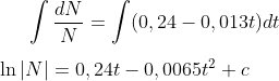 \int \frac{dN}{N}=\int (0,24 - 0,013t)dt\\ \\ \ln|N|=0,24t-0,0065t^2+c
