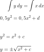 \int y\,dy=\int x\,dx\\ \\0,5y^2=0,5x^2+d\\ \\\\y^2=x^2+c\\ \\y=\pm\sqrt{x^2+c}