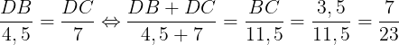 \large \frac{DB}{4,5}=\frac{DC}{7}\Leftrightarrow \frac{DB+DC}{4,5+7}=\frac{BC}{11,5}=\frac{3,5}{11,5}=\frac{7}{23}