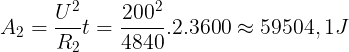 \large A_{2}=\frac{U^{2}}{R_{2}}t=\frac{200^{2}}{4840}.2.3600\approx 59504,1J