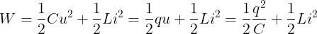 \large W=\frac{1}{2}Cu^{2}+\frac{1}{2}Li^{2}=\frac{1}{2}qu+\frac{1}{2}Li^{2}=\frac{1}{2}\frac{q^{2}}{C}+\frac{1}{2}Li^{2}