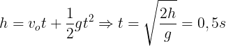 \large h=v_{o}t+\frac{1}{2}gt^{2}\Rightarrow t=\sqrt{\frac{2h}{g}}=0,5s