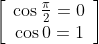\left[\begin{array}{c} \cos \frac{\pi}{2}=0 \\ \cos 0=1 \end{array}\right]