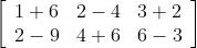 \left[\begin{array}{lll} 1+6 & 2-4 & 3+2 \\ 2-9 & 4+6 & 6-3 \end{array}\right]