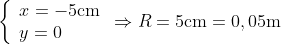 \left\{ \begin{array}{*{35}{l}} x=-5\text{cm} \\ y=0 \\ \end{array} \right.\Rightarrow R=5\text{cm}=0,05\text{m}