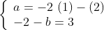 \left\{
\begin{array}{l}
a = -2\ (1)-(2) \\
-2 - b = 3
\end{array}
\right.
