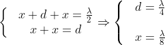 \left\{ \begin{matrix} & x+d+x=\frac{\lambda }{2} \\ & x+x=d \\ \end{align} \right.\Rightarrow \left\{ \begin{matrix} & d=\frac{\lambda }{4}\\ \\ & x=\frac{\lambda }{8} \\ \end{align} \right.