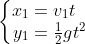 \left\{ \begin{matrix} {{x}_{1}}={{v}_{1}}t\,\,\,\, \\ {{y}_{1}}=\frac{1}{2}g{{t}^{2}} \\ \end{matrix} \right.