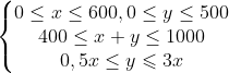 \left\{\begin{matrix} 0\leq x \leq 600, 0\leq y\leq 500\\ 400\leq x + y \leq 1000\\ 0,5x \leq y\leqslant 3x \end{matrix}\right.