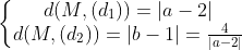 \left\{\begin{matrix} d(M,(d_1))=|a-2|\\ d(M,(d_2))=|b-1|=\frac{4}{|a-2|} \end{matrix}\right.