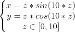 \left\{\begin{matrix} x=z*sin(10*z)\\ y=z*cos(10*z)\\ z\in [0,10] \end{matrix}\right.