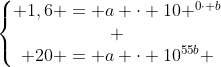 left{egin{matrix} 1,6 = a cdot 10 ^{0cdot b}\ \ 20 = a cdot 10^{55b} end{matrix}
ight.