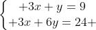 left{egin{matrix} 3x+y=9\ 3x+6y=24 end{matrix}
ight.