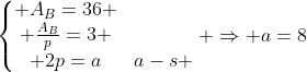 left{egin{matrix} A_B=36 \ frac{A_B}{p}=3 \ 2p=a+s+a+a-s end{matrix}ight. Rightarrow a=8