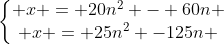 left{egin{matrix} x = 20n^2 - 60n \ x = 25n^2 -125n end{matrix}
ight.