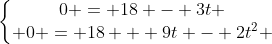 left{egin{matrix}0 = 18 - 3t \ 0 = 18 + 9t - 2t^2 end{matrix}ight.