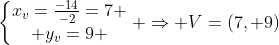 left{egin{matrix}x_v=frac{-14}{-2}=7 \ y_v=9 end{matrix}
ight. Rightarrow V=(7, 9)