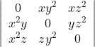 \left|\begin{array}{ccc} 0 & x y^{2} & x z^{2} \\ x^{2} y & 0 & y z^{2} \\ x^{2} z & z y^{2} & 0 \end{array}\right|