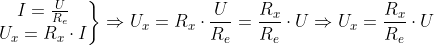left.begin{matrix} I=frac{U}{R_{e}}\ U_{x}=R_{x}cdot I end{matrix}right}Rightarrow U_{x}=R_{x}cdot frac{U}{R_{e}}=frac{R_{x}}{R_{e}}cdot URightarrow U_{x}=frac{R_{x}}{R_{e}}cdot U