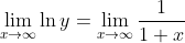 \lim_{x\to \infty}\ln y=\lim_{x\to \infty}\frac{1}{1+x}