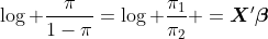 https://latex.codecogs.com/gif.latex?\log%20\frac{\pi}{1-\pi}=\log%20\frac{\pi_1}{\pi_2}%20=\boldsymbol {X}％27 \ boldsymbol {\ beta}