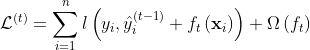 \mathcal{L}^{(t)}=\sum_{i=1}^{n} l\left(y_{i}, \hat{y}_{i}^{(t-1)}+f_{t}\left(\mathbf{x}_{i}\right)\right)+\Omega\left(f_{t}\right)