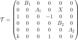 \mathcal{T} = \begin{pmatrix} 0 & B_1 & 0 & 0 & 0 & 0 \\ 0 & 0 & A_1 & 0 & X & 0 \\ 1 & 0 & 0 & -1 & 0 & 0 \\ 0 & 0 & 0 & 0 & B_2 & 0 \\ 0 & 0 & 0 & 0 & 0 & A_2 \\ k & 0 & 0 & 1 & 0 & 0 \\ \end{pmatrix}