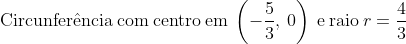 mathrm{Circunferhat{e}ncia:com:centro:em}:left(-frac{5}{3},:0ight):mathrm{e:raio}:r=frac{4}{3}