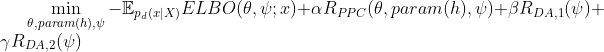 \min_{\theta,param(h),\psi}-\mathbb{E}_{p_d (x|X)}ELBO(\theta,\psi;x)+\alpha R_{PPC}(\theta,param(h),\psi)+\beta R_{DA,1}(\psi)+\gamma R_{DA,2}(\psi)