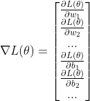 \nabla L(\theta)=\begin{bmatrix} \frac{\partial L(\theta)}{\partial w_{1}}\\ \frac{\partial L(\theta)}{\partial w_{2}}\\ ...\\ \frac{\partial L(\theta)}{\partial b_{1}}\\ \frac{\partial L(\theta)}{\partial b_{2}}\\ ...\\ \end{bmatrix}