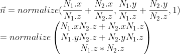 \newline \vec {n} =normalize ( \frac{N_{1}.x}{N_{1}.z}+\frac{N_{2}.x}{N_{2}.z}, \frac{N_{1}.y}{N_{1}.z}+\frac{N_{2}.y}{N_{2}.z},1) \newline =normalize \begin{pmatrix} N_{1}.x N_{2}.z+N_{2}.xN_{1}.z\\ N_{1}.yN_{2}.z+N_{2}.yN_{1}.z\\ N_{1}.z * N_{2}.z \end{pmatrix}