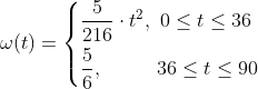 \omega(t) = \left\{\begin{aligned} &\frac{5}{216}\cdot t^2,\ 0\leq t\leq 36 \\ &\frac{5}{6},\ \ \ \ \ \ \ \ 36\leq t\leq 90 \end{aligned}\right.