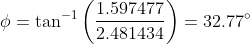 = tan-1 (1.597477 2.481434 = 32.770