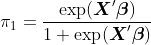 https://latex.codecogs.com/gif.latex?\pi_1%20=%20\frac{\exp(\boldsymbol{X}%27\boldsymbol{\beta})}{1+\exp(\boldsymbol{X}%27\boldsymbol{\beta})}