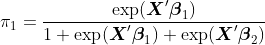 https://latex.codecogs.com/gif.latex?\pi_1%20=%20\frac{\exp(\boldsymbol{X}%27\boldsymbol{\beta}_1)}{1+\exp(\boldsymbol{X}%27\boldsymbol{\beta}_1)+\exp(\boldsymbol{X}%27\boldsymbol{\beta}_2)}