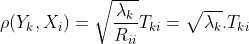 \rho(Y_{k},X_{i})=\sqrt{\frac{\lambda_{k}}{R_{ii}}}T_{ki}=\sqrt{\lambda_{k}}.T_{ki}