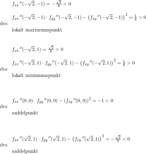 \small \begin{array}{llll}&f_{xx}{\,}''(-\sqrt{2},-1)=-\frac{\sqrt{2}}{8}<0 \\\\&f_{xx}{\,}''(-\sqrt{2},-1)\cdot f_{yy}{\,}''(-\sqrt{2},-1)-\left(f_{xy}{\,}''(-\sqrt{2},-1) \right )^2=\frac{1}{8}>0\\\textup{dvs}\\&\textup{lokalt maximumspunkt}\\\\\\&f_{xx}{\,}''(-\sqrt{2},1)=\frac{\sqrt{2}}{8}>0 \\\\&f_{xx}{\,}''(-\sqrt{2},1)\cdot f_{yy}{\,}''(-\sqrt{2},1)-\left(f_{xy}{\,}''(-\sqrt{2},1) \right )^2=\frac{1}{8}>0\\\textup{dvs}\\&\textup{lokalt minimumspunkt}\\\\\\\\ &f_{xx}{\,}''(0,0)\cdot f_{yy}{\,}''(0,0)-\left(f_{xy}{\,}''(0,0) \right )^2=-1<0\\\textup{dvs}\\&\textup{saddelpunkt}\\\\\\\\&f_{xx}{\,}''(\sqrt{2},1)\cdot f_{yy}{\,}''(\sqrt{2},1)-\left(f_{xy}{\,}''(\sqrt{2},1) \right )^2=-\frac{\sqrt{2}}{8}<0\\\textup{dvs}\\&\textup{saddelpunkt} \end{array}