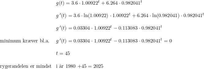 \small \begin{array}{lllll} &g(t)=3.6\cdot 1.00922^t+6.264\cdot 0.982041^t \\\\ &g{\, }'(t)=3.6\cdot \ln(1.00922)\cdot 1.00922^t+6.264\cdot\ln(0.982041)\cdot 0.982041^t\\\\ &g{\, }'(t)=0.03304\cdot 1.00922^t-0.113083\cdot 0.982041^t\\\\ \textup{minimum kr\ae ver bl.a.}&g{\, }'(t)=0.03304\cdot 1.00922^t-0.113083\cdot 0.982041^t=0\\\\ &t=45\\\\ \textup{rygerandelen er mindst} &\textup{i \aa r 1980 +45}=2025 \end{array}