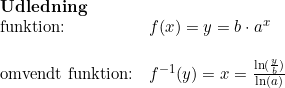 \small \begin{array}{lllll} \textsc{\textbf{Udledning}}\\\textup{funktion:}&f(x)=y=b\cdot a^x\\\\ \textup{omvendt funktion:}&f^{-1}(y)=x=\frac{\ln(\frac{y}{b})}{\ln(a)} \end{array}