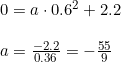 \small \begin{array}{lllll} 0=a\cdot 0.6^2+2.2\\\\ a=\frac{-2.2}{0.36}=-\frac{55}{9} \end{array}