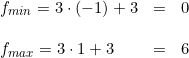 \small \begin{array}{lllll} f_{min}=3\cdot (-1)+3&=&0\\\\ f_{max}=3\cdot 1+3&=&6 \end{array}