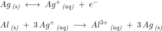 \small \begin{array}{lllll}&Ag\,_{\textit{(s)}}\;\longleftrightarrow\;Ag^+\,_{\textit{(aq)}}\;+\;e^-\\\\&Al\,_{\textit{(s)}}\;+\;3\,Ag^+\,_{\textit{(aq)}}\;\longrightarrow\;Al^{3+}\,_{\textit{(aq)}}\;+\;3\,Ag\,_{\textit{(s)}} \end{array}