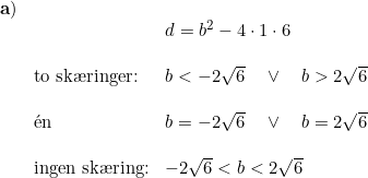 \small \begin{array}{lllll}\mathbf{a)}\\&&d=b^2-4\cdot 1\cdot 6\\\\ &\textup{to sk\ae ringer:}&b<-2\sqrt{6}\quad \vee\quad b> 2\sqrt{6}\\\\&\mathrm{\acute{e}}\textup{n }&b=-2\sqrt{6}\quad \vee\quad b=2\sqrt{6}\\\\&\textup{ingen sk\ae ring:}&-2\sqrt{6}< b< 2\sqrt{6} \end{array}