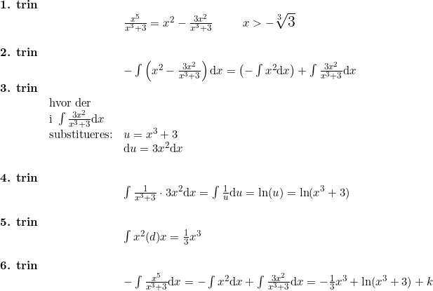 \small \begin{array}{llllll} \small \textbf{1. trin}\\&& \large \frac{x^5}{x^3+3}=x^2-\frac{3x^2}{x^3+3}\qquad x>-\sqrt[3]{3}\\\\ \small \small \textbf{2. trin}\\&& -\int \left ( x^2-\frac{3x^2}{x^3+3} \right )\mathrm{d}x=\left (-\int x^2\mathrm{d}x \right )+\int\frac{3x^2}{x^3+3}\mathrm{d}x\\\textbf{3. trin}\\& \textup{hvor der}\\& \textup{i }\int\frac{3x^2}{x^3+3}\mathrm{d}x\\& \textup{substitueres:}&u=x^3+3\\&& \mathrm{d}u=3x^2\mathrm{d}x\\\\ \textbf{4. trin}\\&& \int\frac{1}{x^3+3}\cdot 3x^2\mathrm{d}x=\int\frac{1}{u}\mathrm{d}u=\ln(u)=\ln(x^3+3)\\\\ \textbf{5. trin}\\&& \int x^2\mathrm(d)x=\frac{1}{3}x^3\\\\ \textbf{6. trin}\\&& -\int \frac{x^5}{x^3+3}\mathrm{d}x=-\int x^2\mathrm{d}x+\int \frac{3x^2}{x^3+3}\mathrm{d}x=-\frac{1}{3}x^3+\ln(x^3+3)+k \end{array}