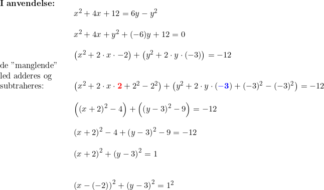 \small \begin{array}{llllll} \textbf{I anvendelse:}\\&& x^2+4x+12=6y-y^2\\\\&& x^2+4x+y^2+(-6)y+12=0 \\\\&& \left (x^2+2\cdot x\cdot - 2 \right )+\left (y^2+2\cdot y\cdot ( -3) \right )=-12\\ \textup{de "manglende"}\\ \textup{led adderes og}\\ \textup{subtraheres:} && \left (x^2+2\cdot x\cdot \mathbf{{\color{Red} 2}} +2^2-2^2 \right )+\left (y^2+2\cdot y \cdot (\mathbf{{\color{Blue} -3}})+(-3)^2-(-3)^2 \right )=-12\\\\&& \left ( \left ( x+2 \right )^2-4 \right )+\left (\left ( y-3 \right )^2-9 \right )=-12\\\\&& \left ( x+2 \right )^2-4+\left ( y-3 \right )^2-9=-12\\\\&& \left ( x+2 \right )^2+\left ( y-3 \right )^2=1\\\\\\ && \left ( x-(-2) \right )^2+\left ( y-3 \right )^2=1^2\end{array}